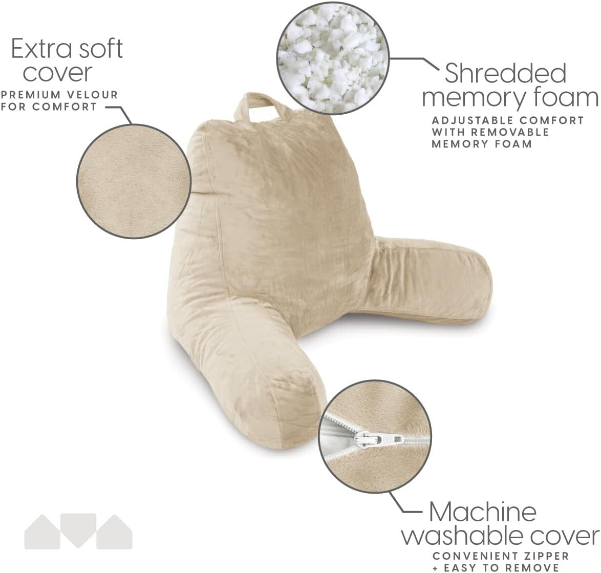 Large Cream Reading Pillow with Shredded Memory Foam & Arms for Ultimate Support