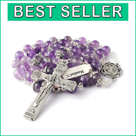 Luxury Amethyst Crystal Rosary Necklace with Detailed Engravings & Faux-Silver