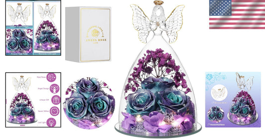Eternal Roses in Glitter Blue-Purple Glass Angel Gift - Perfect for Mother's Day