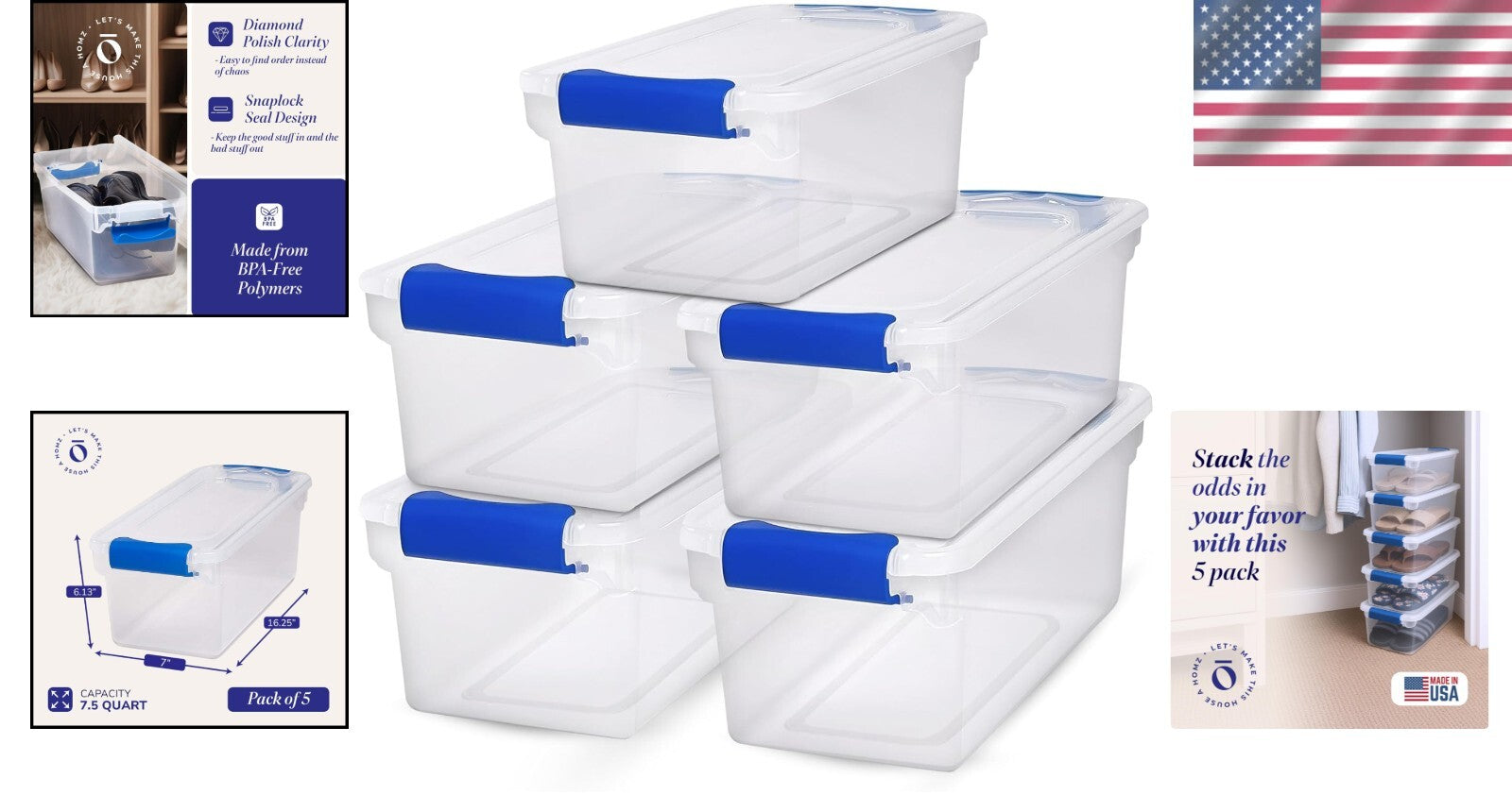 5-Pack 7.5 Qt Stackable Clear Plastic Storage Bins with Secure Snap Lids