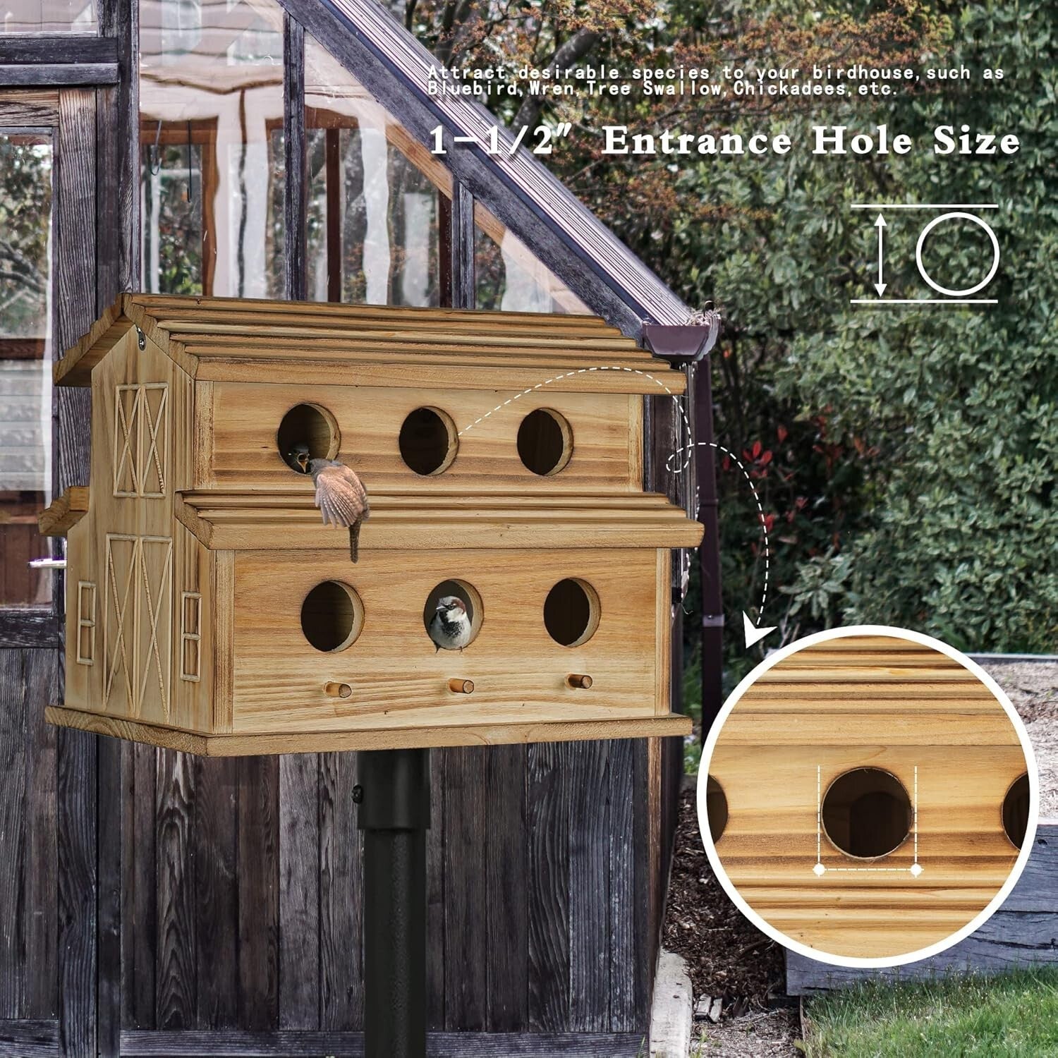 Traditional Wooden Bird House for 6 Families - Perfect for Bluebirds & Finches