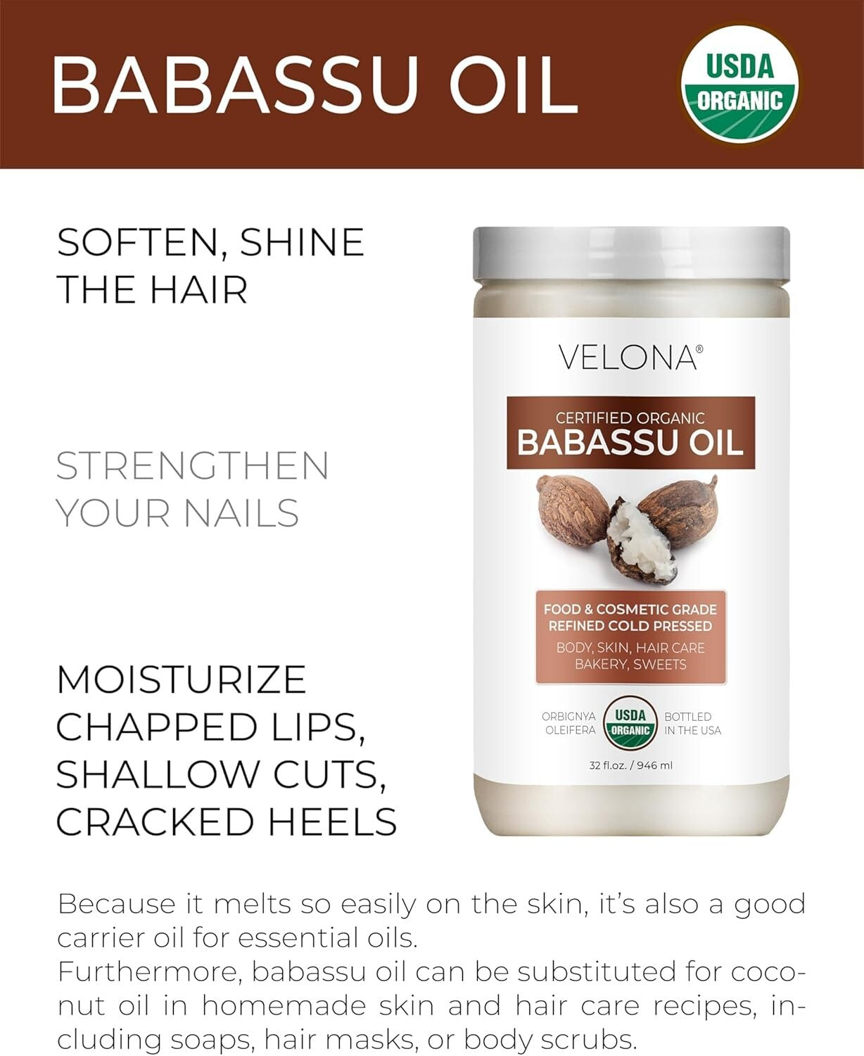 Silky Babassu Oil 64 Fl Oz - Refined Cold Pressed for Skin & Hair Nourishment