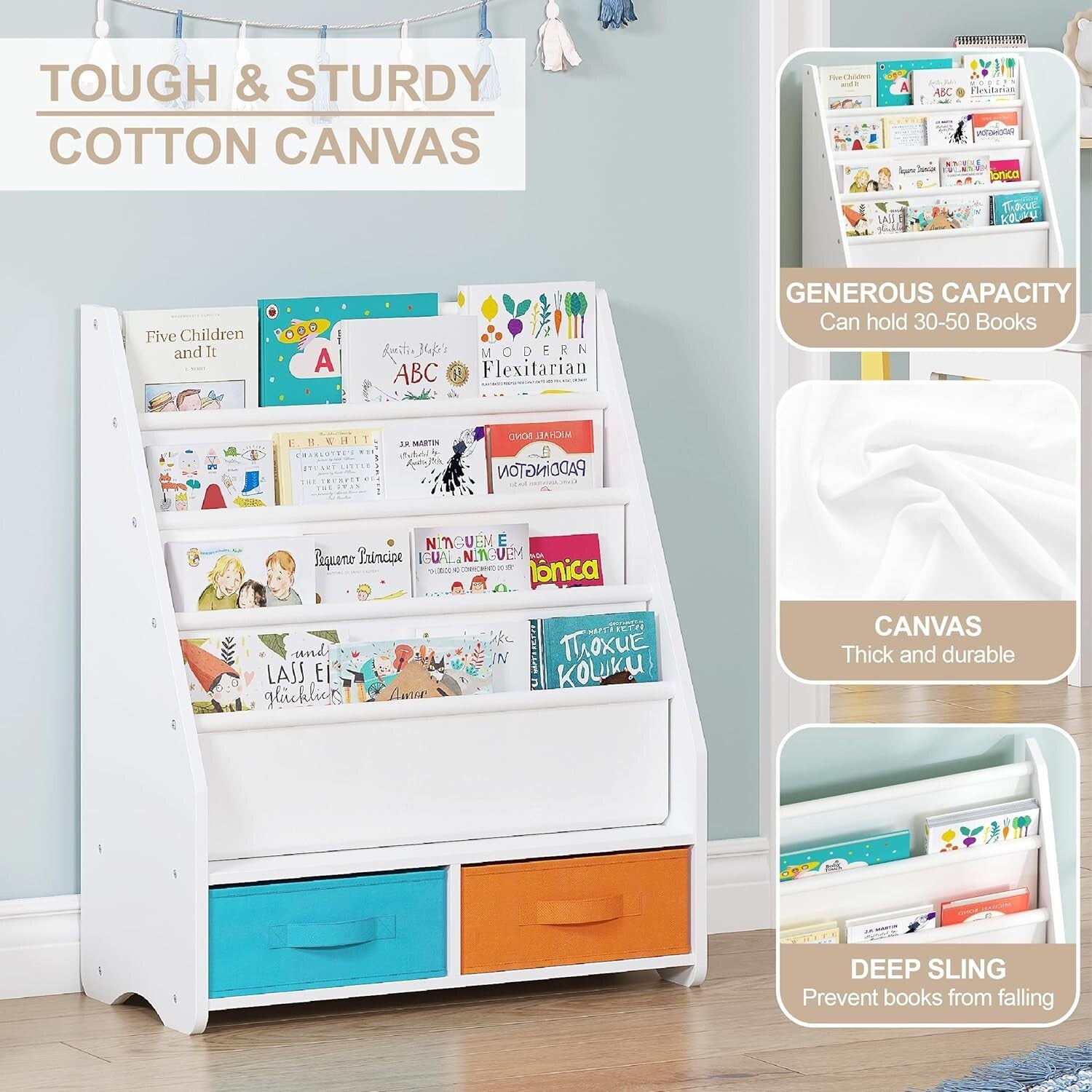 Montessori-Style Kids Bookshelf with 2 Removable Bins for Easy Accessibility