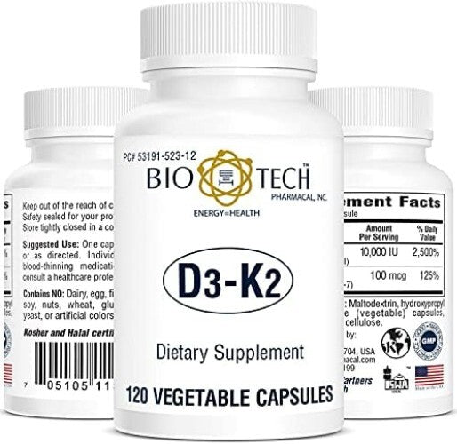 120 Plant-Based D3-K2 Vegcaps - Support Bone, Cardiovascular & Immune Health