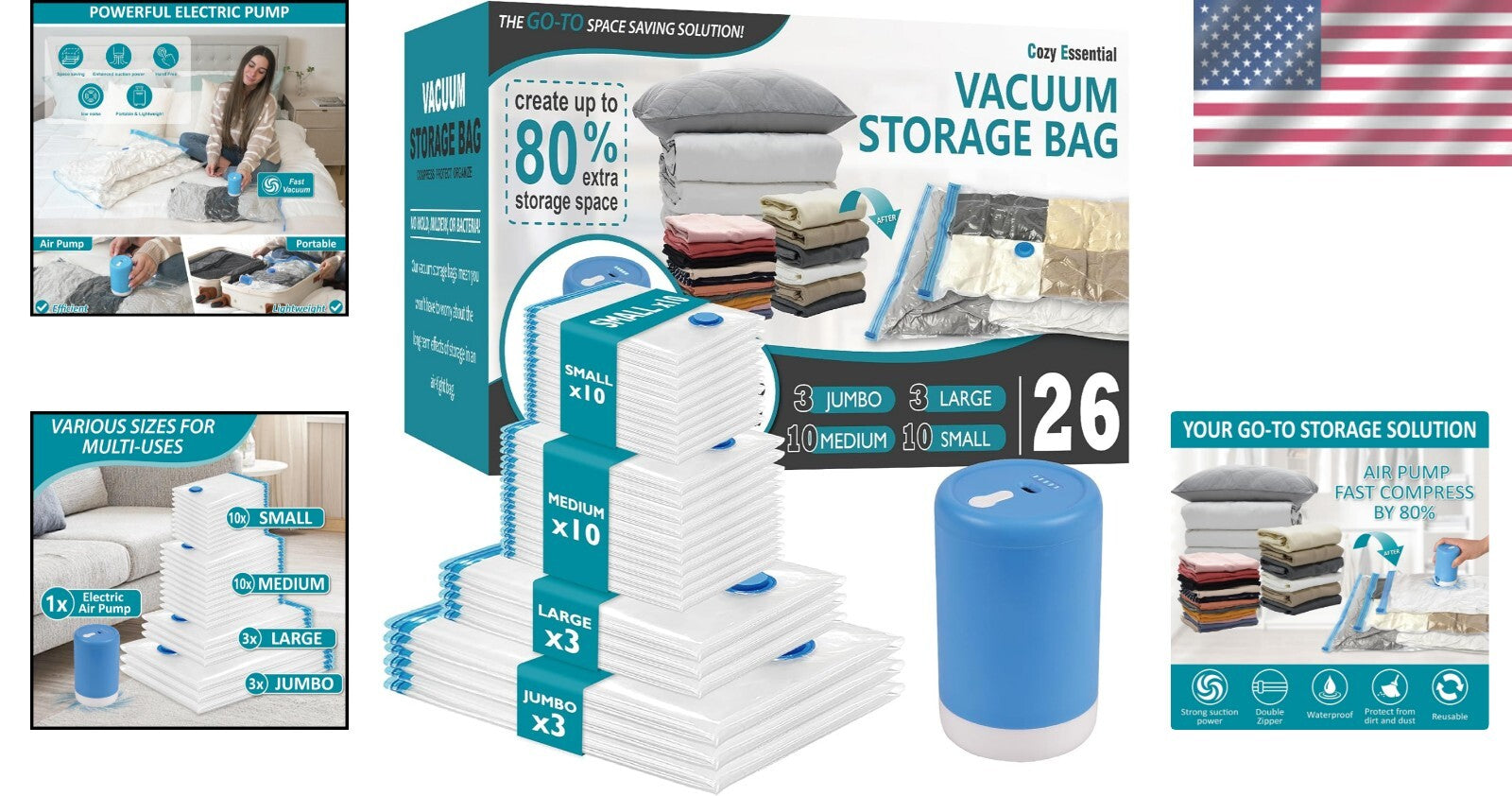 Effortless Compression Vacuum Bags 26 Pack with Electric Pump & Seal Technology