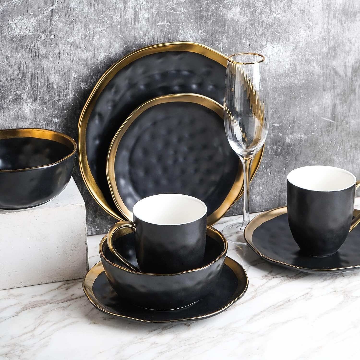 Sophisticated Gold-Accented Black Porcelain Dish Set, Service for 8 - Florian