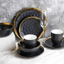 Load image into Gallery viewer, Sophisticated Gold-Accented Black Porcelain Dish Set, Service for 8 - Florian