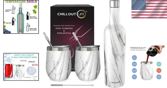Insulated Wine Tumblers & Bottle - Carrara Marble Design for Outdoor Elegance