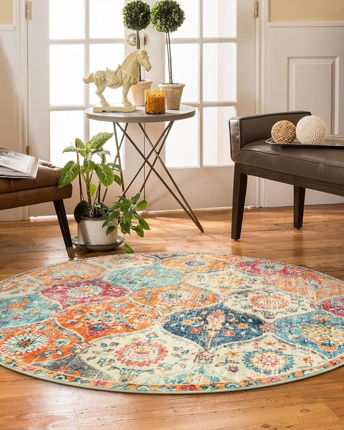 Washable Ultra-Thin Round Rug - 4ft Non-Slip Floral Carpet for Entryway & Home