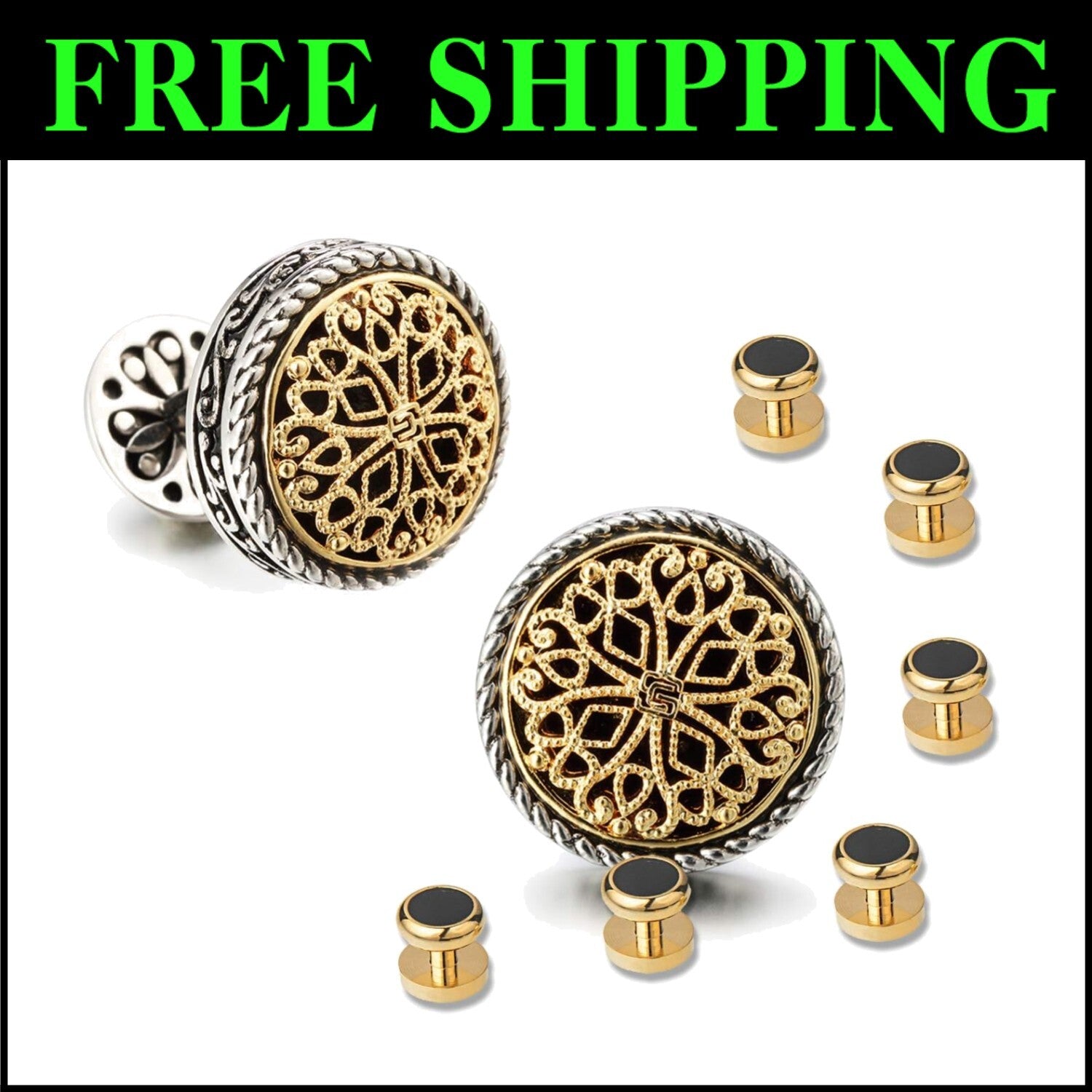Gold-Plated Men's Cufflinks with 6 Shirt Studs - Ideal for Grooms & Fathers