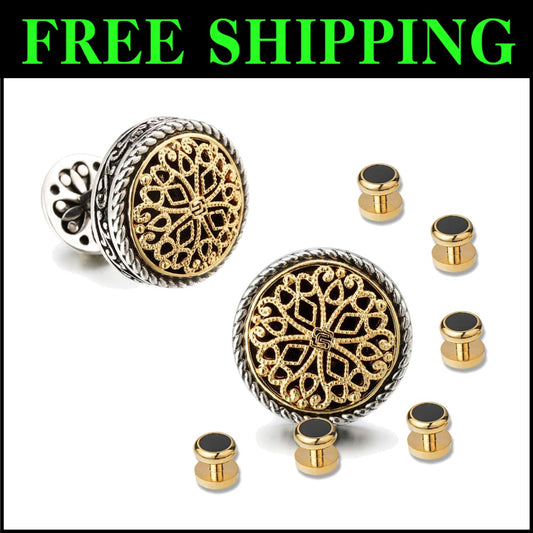 Gold-Plated Men's Cufflinks with 6 Shirt Studs - Ideal for Grooms & Fathers