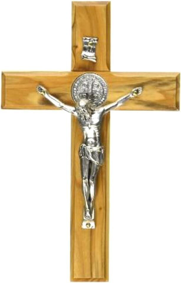 Handmade 12-Inch Saint Benedict Wall Crucifix - Unique Silver Tone Craftsmanship
