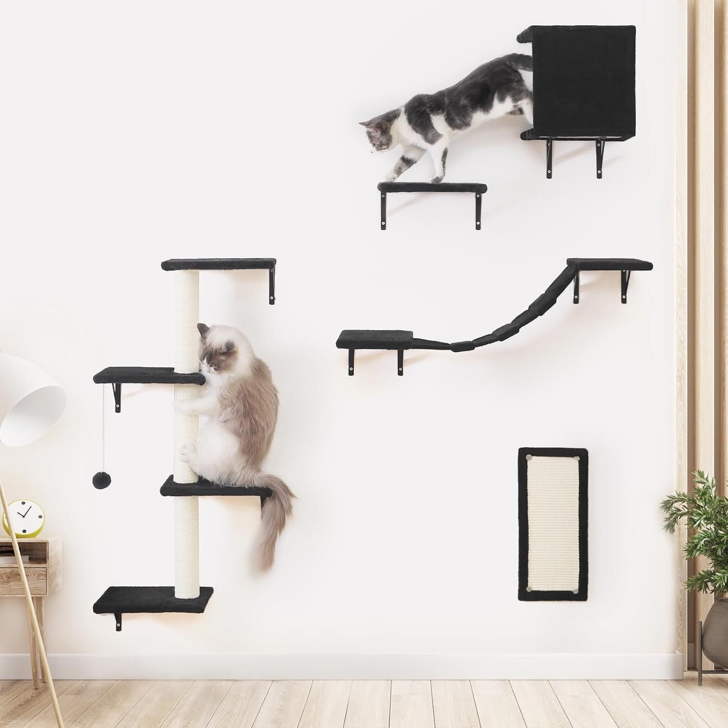 Durable Cat Wall Furniture - 5pcs Wooden Shelves, Bridge & Scratcher for Cats