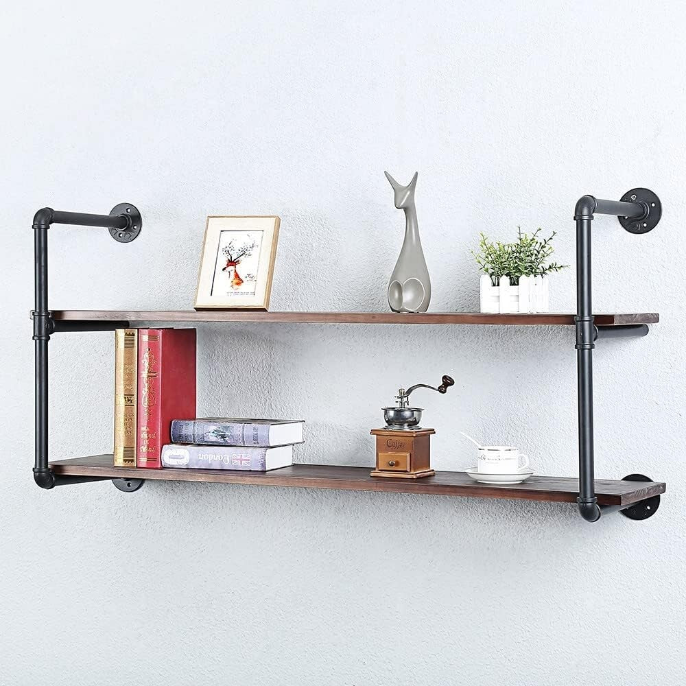 48in Industrial Pipe Floating Bookshelves - Rustic Metal & Wood Wall Storage