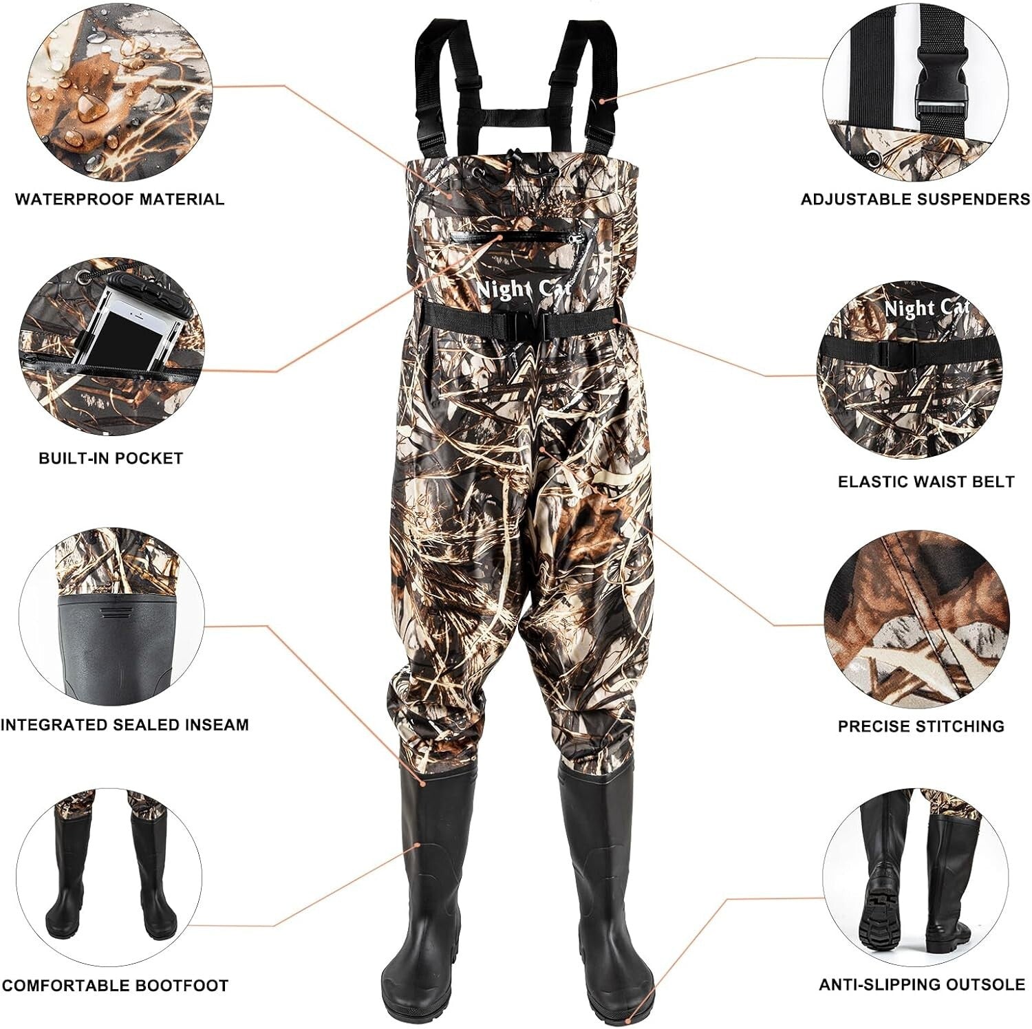 Lightweight Waterproof Fishing & Hunting Waders with Comfortable Fit, Size 6-14