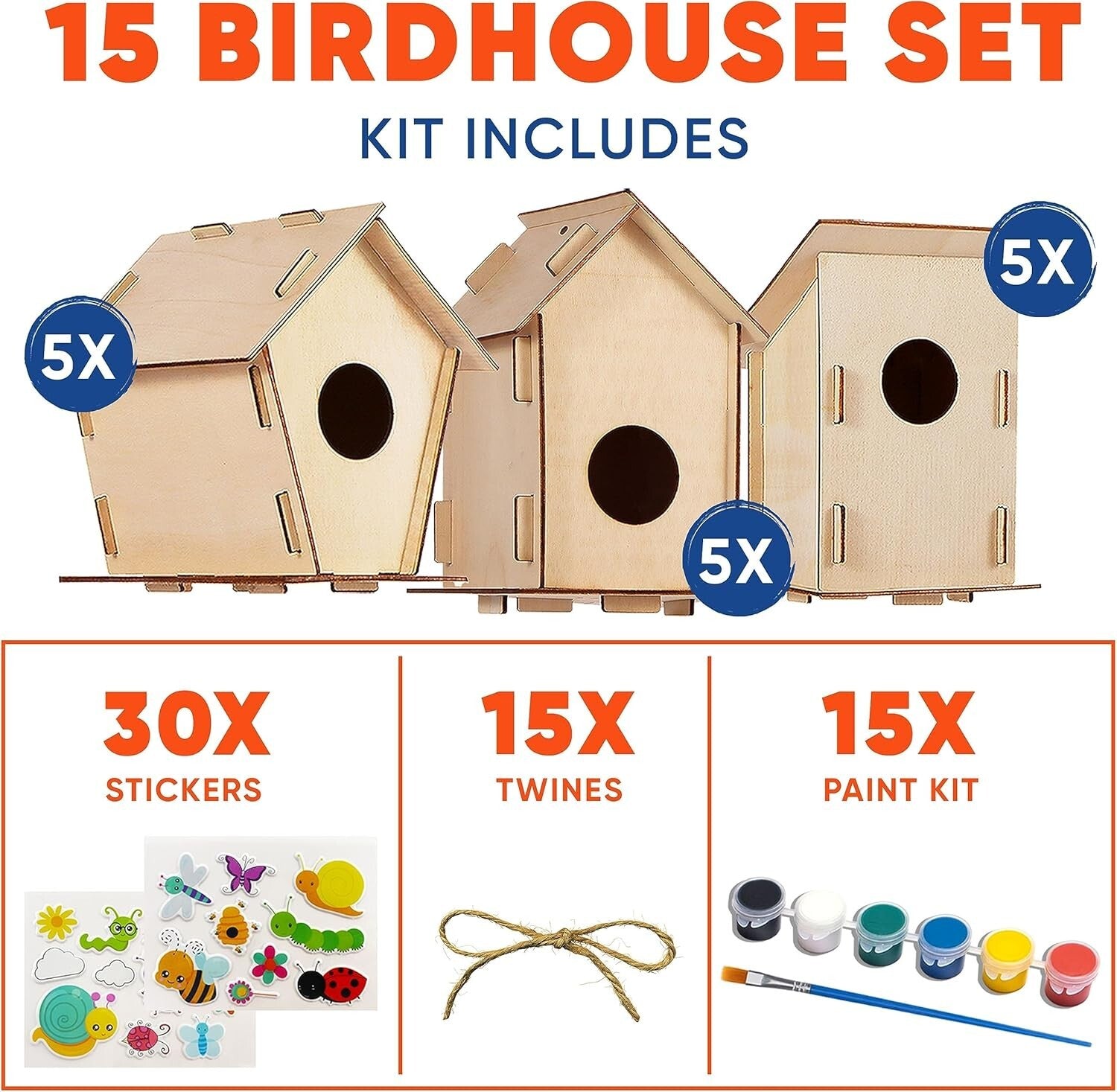 Kids Birdhouse Craft Kit - 15 Unfinished Wood Houses with Paint & Stickers