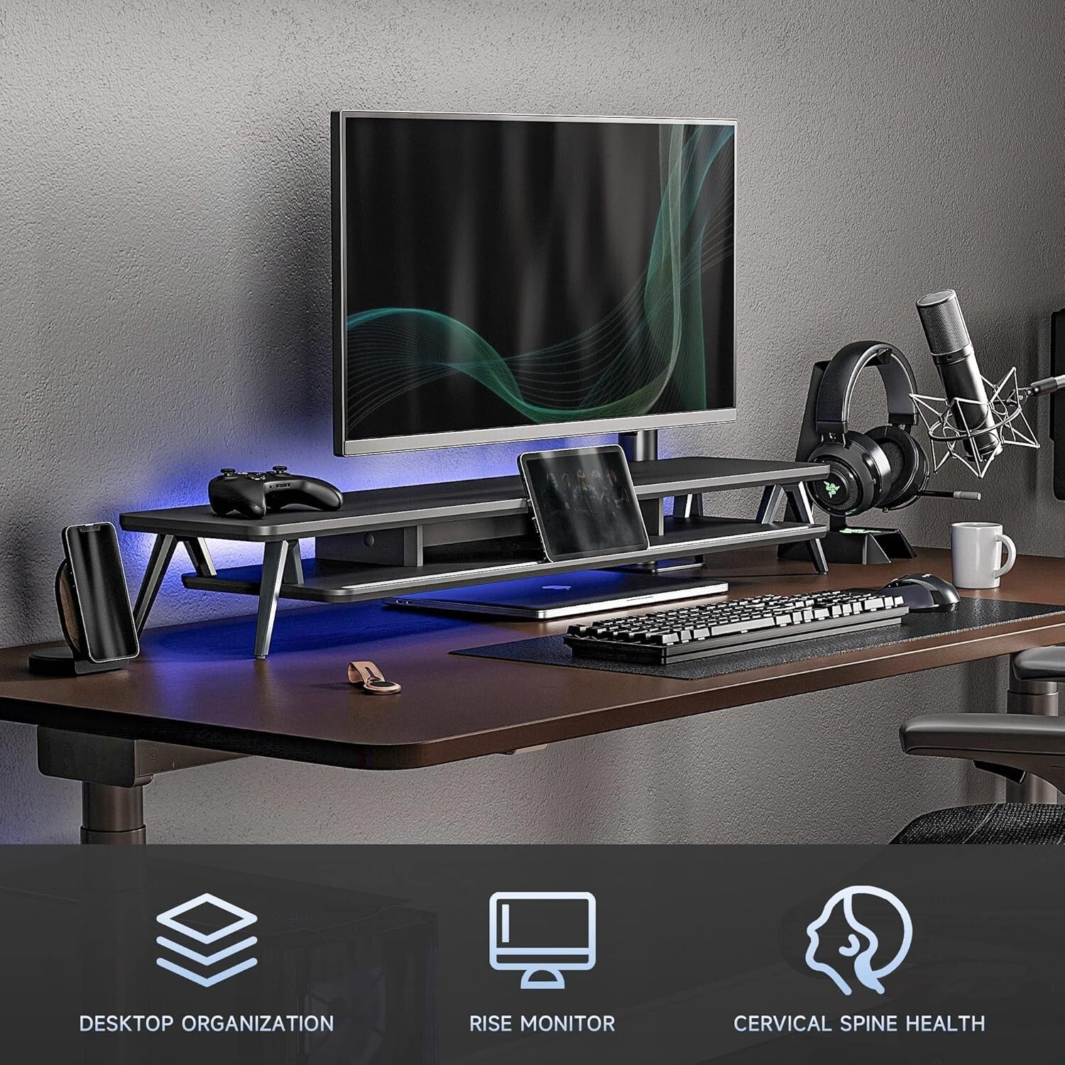 42.5 Inch Ergonomic Dual Monitor Riser - Stylish Desktop Organizer with Storage