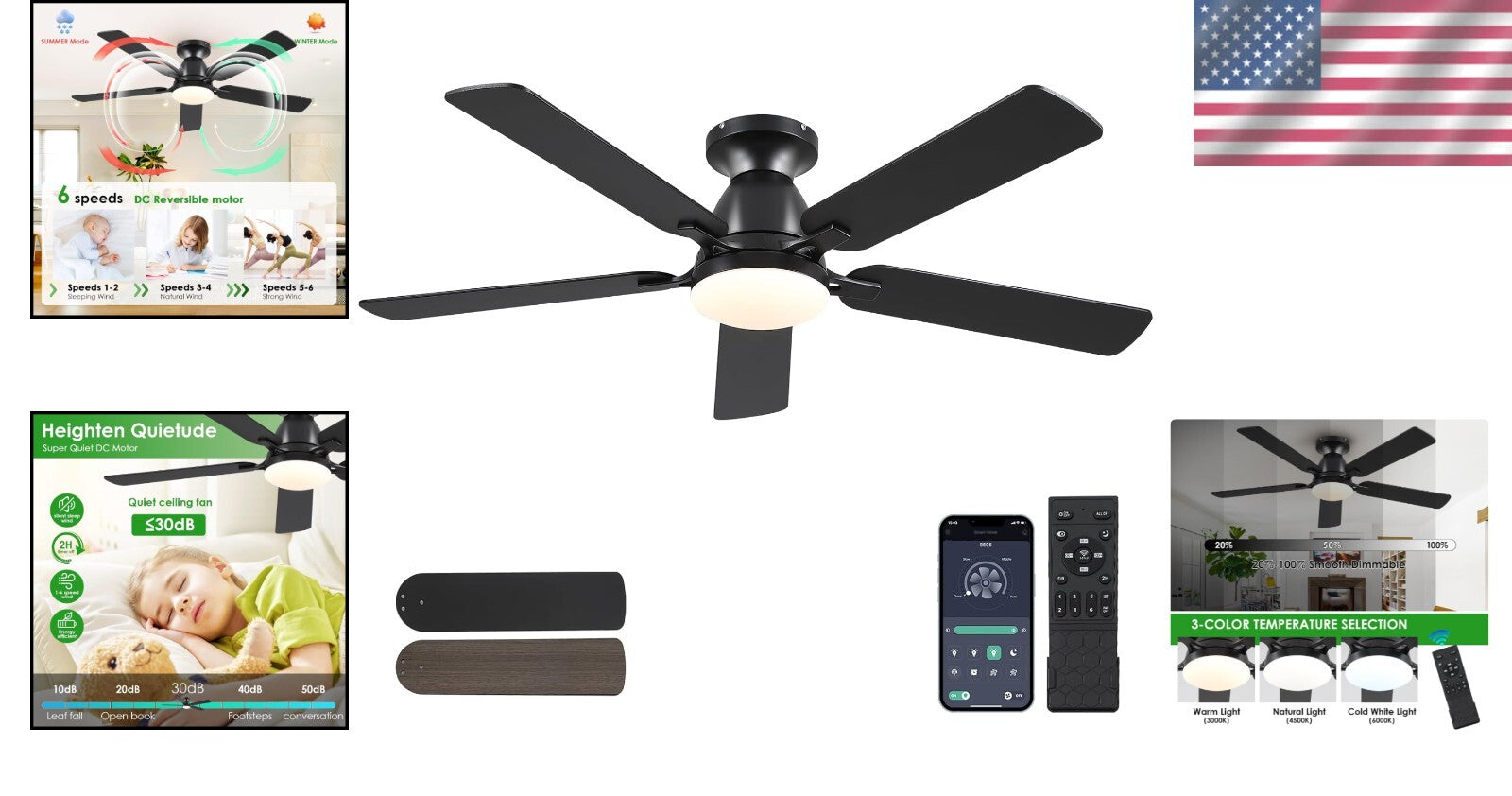 Dimmable 52" Ceiling Fan with Remote & App Control - Black Low Profile Design