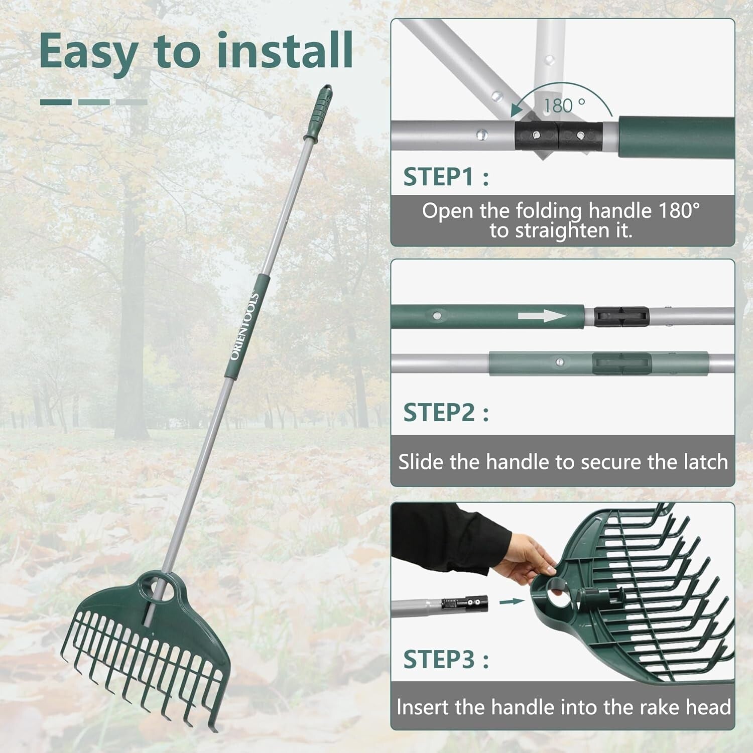 Compact Foldable Garden Rake with Ergonomic Handle - Effortless Leaf Cleanup