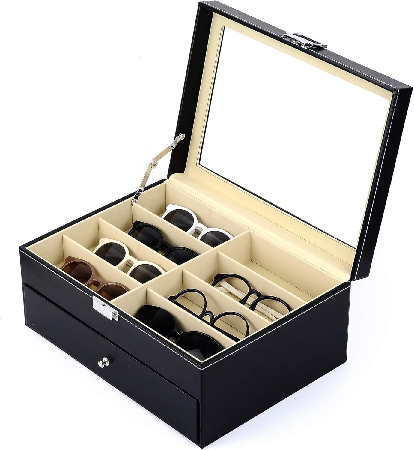 16-Slot Leather Sunglass Organizer with Anti-Scratch Glass Top - Classic Black