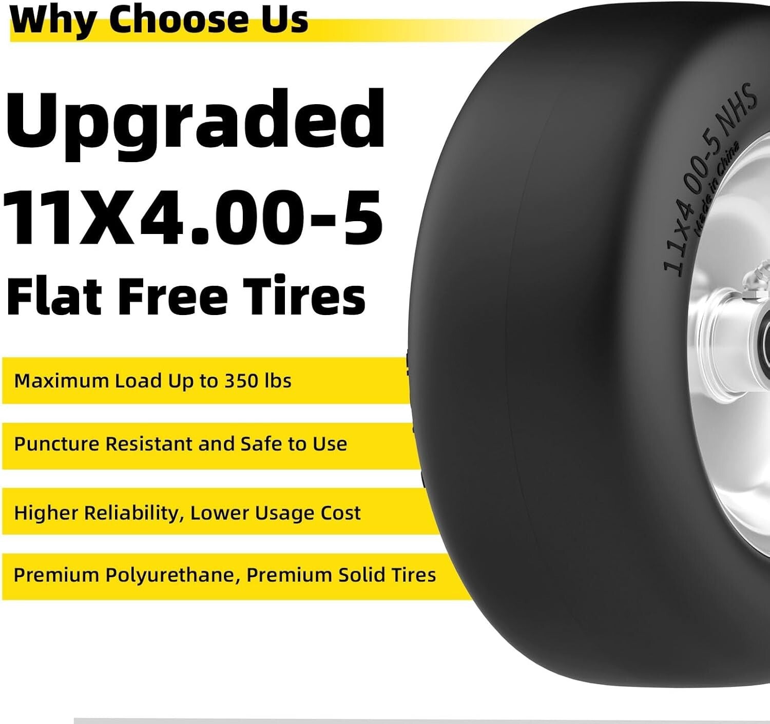 All-Terrain 11x4-5 Flat Free Lawn Mower Tires, 350 Lbs Capacity - Universal Fit