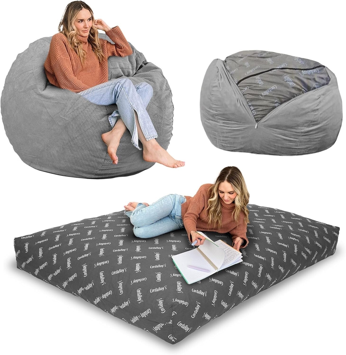 Cozy Chenille Bean Bag Chair & Bed - Full Size, Adjustable & Washable - Charcoal