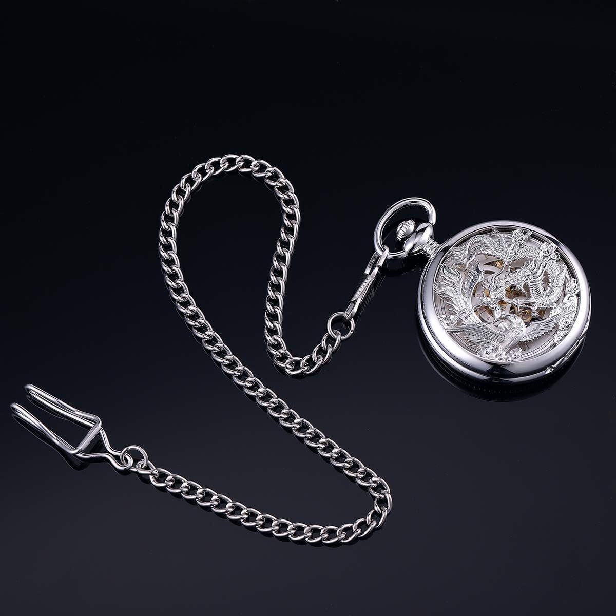 Fashionable Dragon & Phoenix Mechanical Pocket Watch - Gift-Ready with Chain