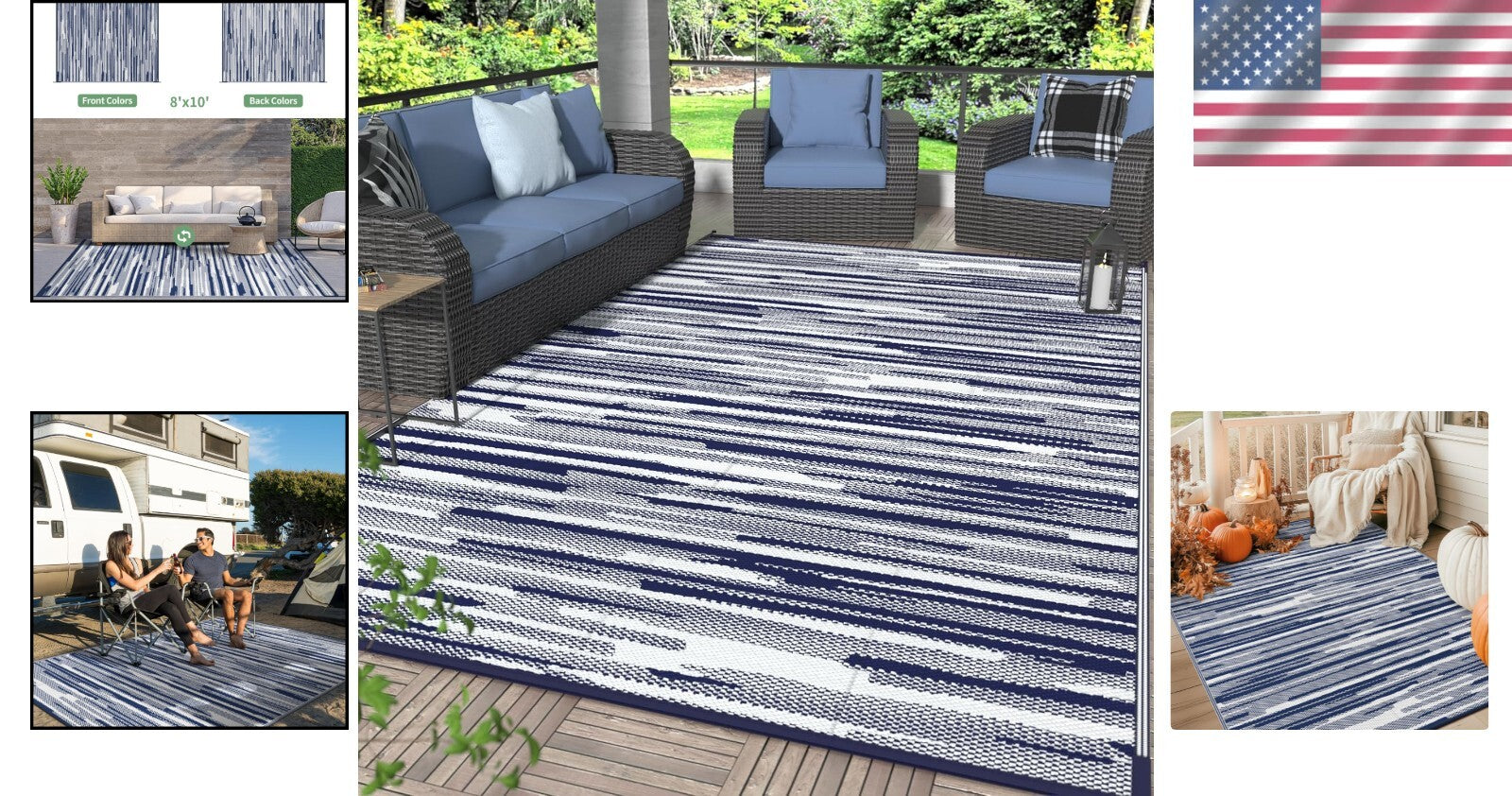 Eco-Friendly 8'x10' Waterproof Outdoor Rug – Reversible Blue & White Design