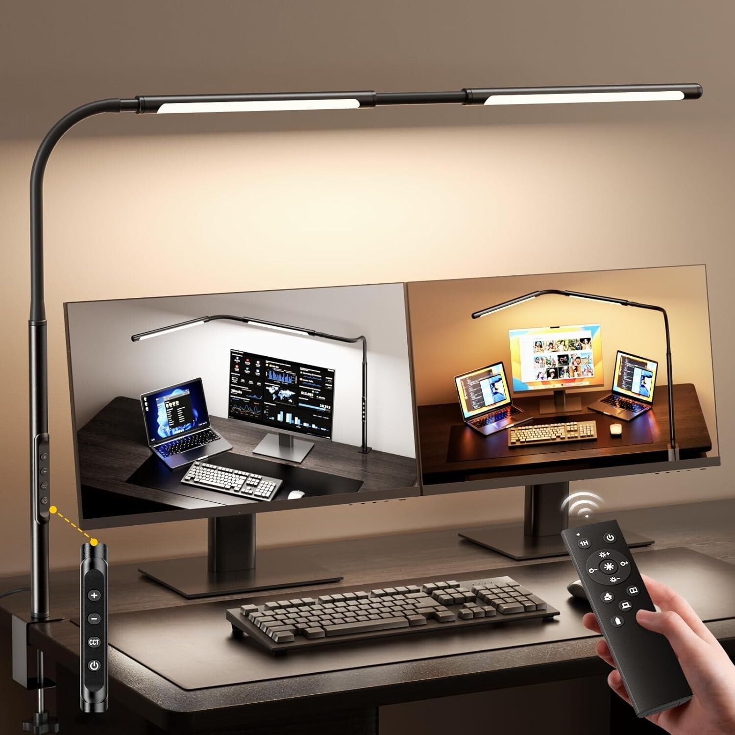 Adjustable Gooseneck LED Desk Lamp with Stepless Dimming & Remote Control