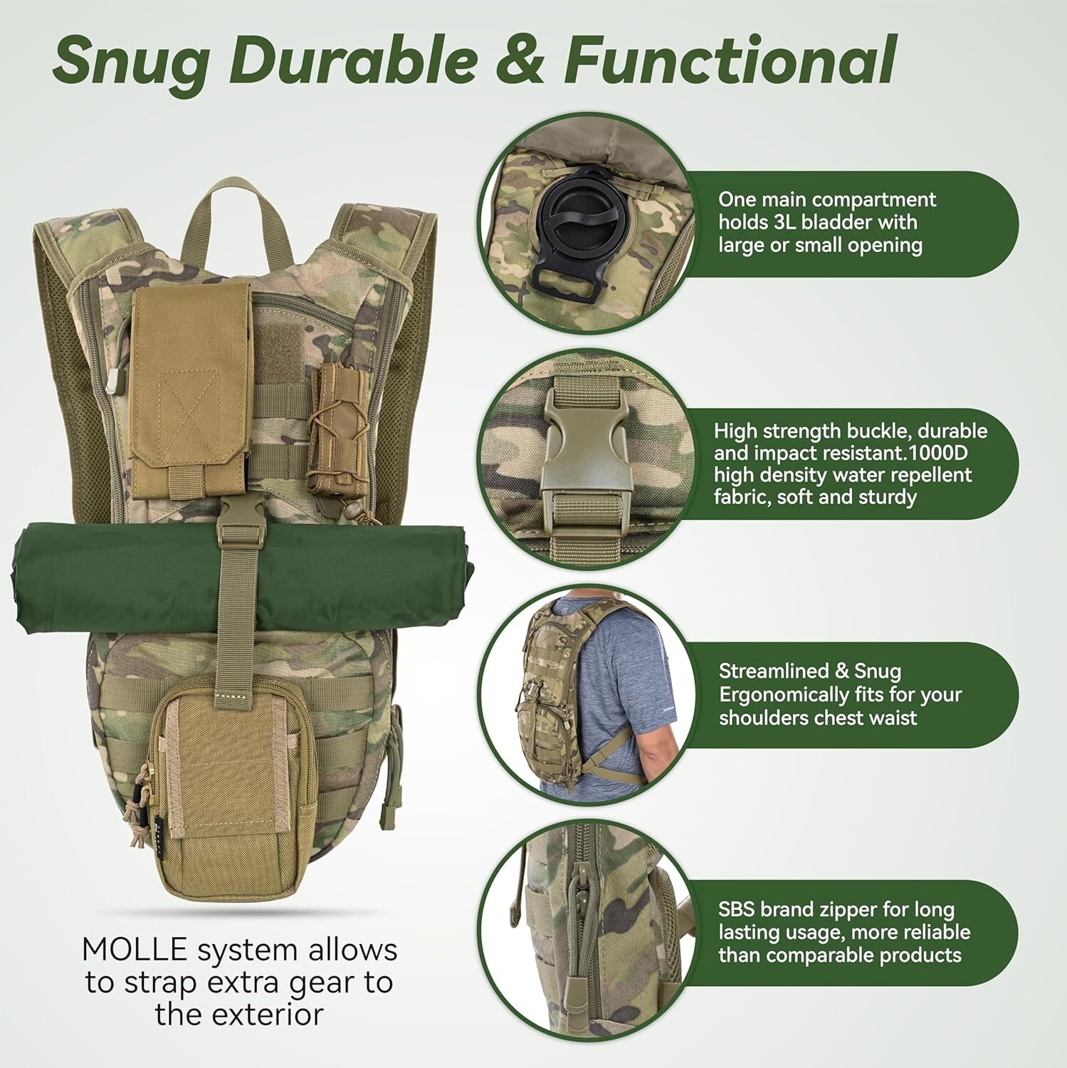 Utility Tactical Daypack with 3L Water Bladder & Streamlined Design for Outdoors