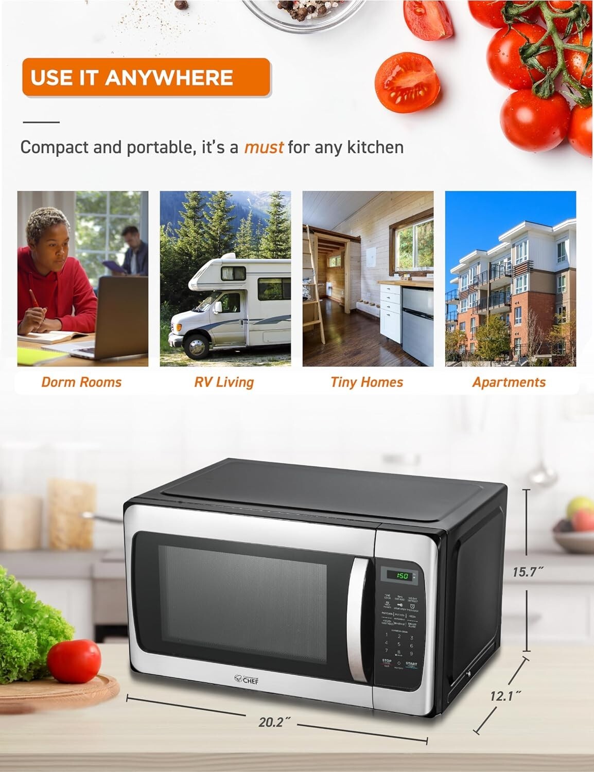 Compact countertop Microwave with Push Button Lock & 1000W Power - 1.1 Cu Ft