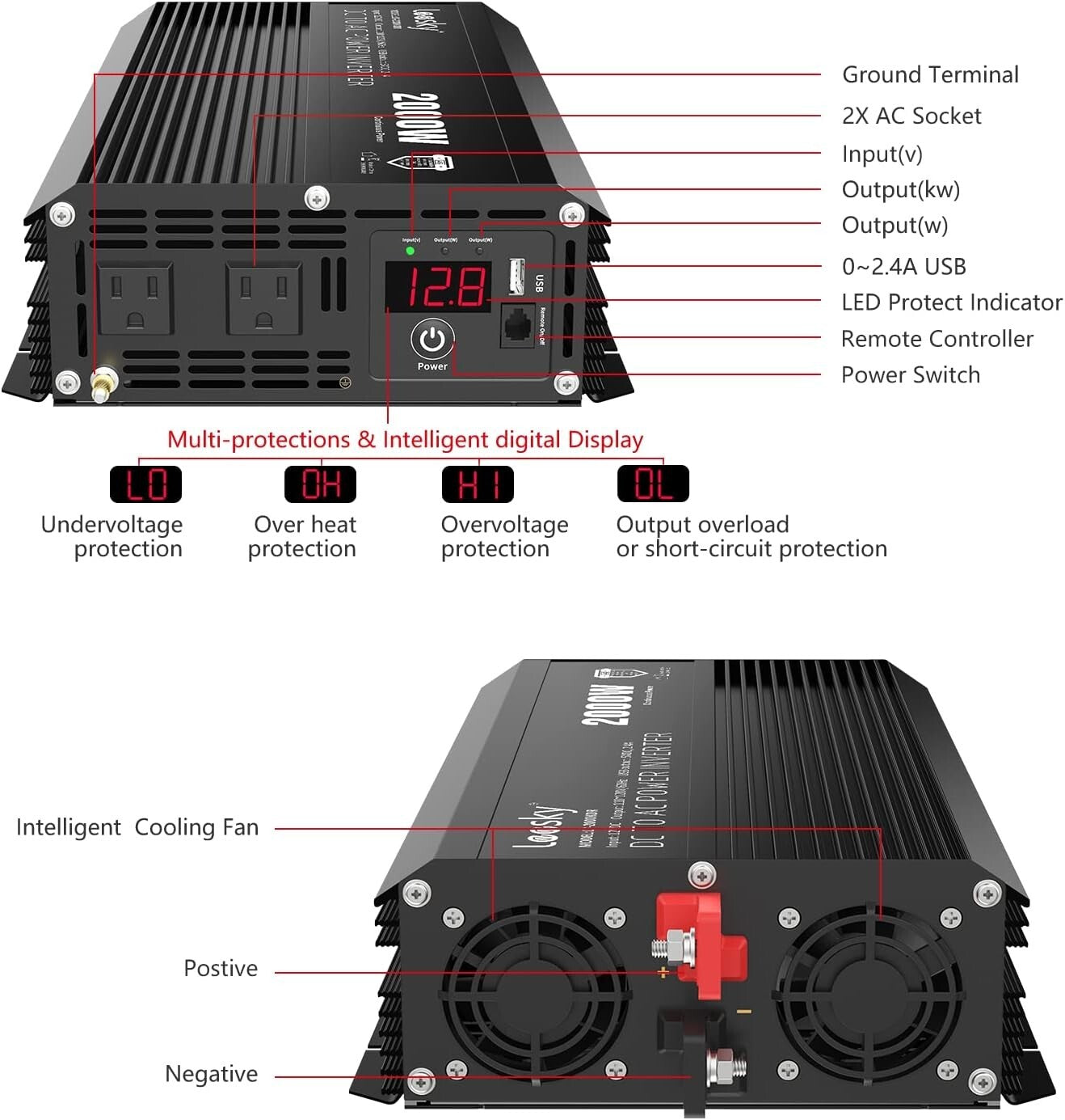 Versatile 2000W Inverter for Car, RV, and Off-Grid Use - Remote & USB Port