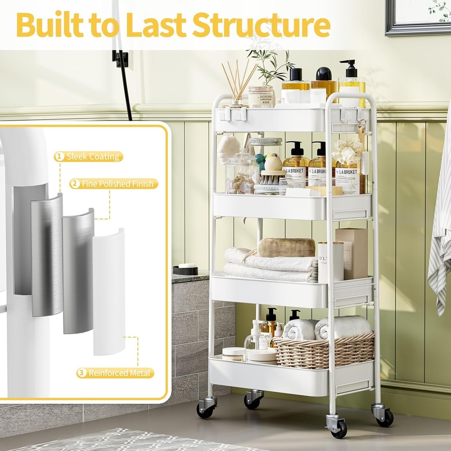 Sturdy 4-Tier Rolling Cart with Wheels - Ideal Baby, Craft, and Kitchen Storage