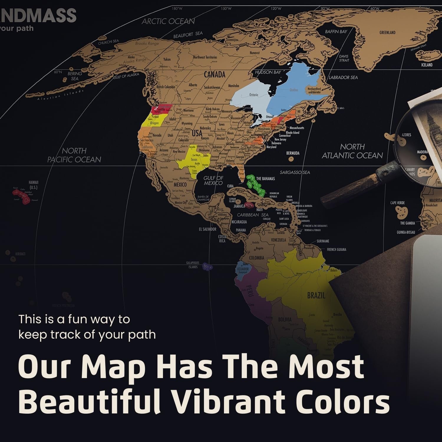 Large Matte Black Scratchable World Map with Flags and Wood Frame - Travel Decor