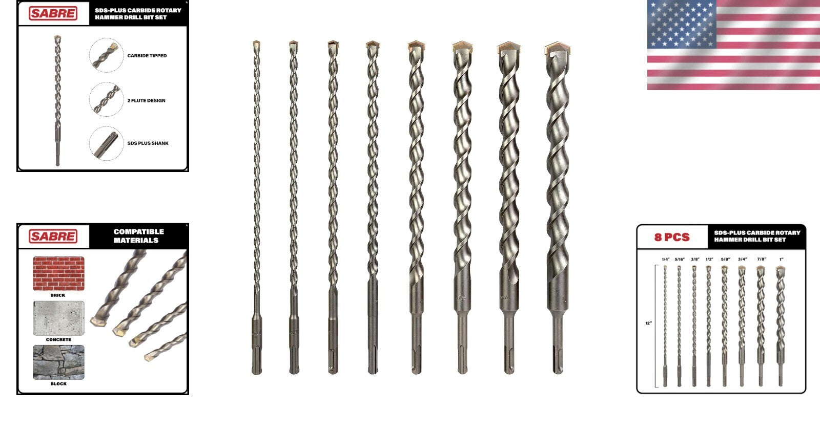 8-Piece SDS Plus 12-Inch Drill Bit Set - Ideal for Contractors & DIY Enthusiasts