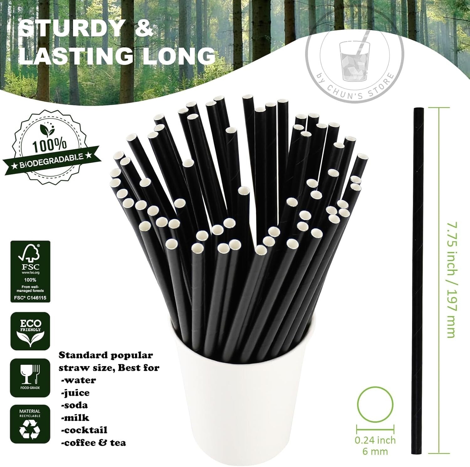 Bulk Black Paper Drinking Straws – 1000 Individually Wrapped Eco-Friendly Straws