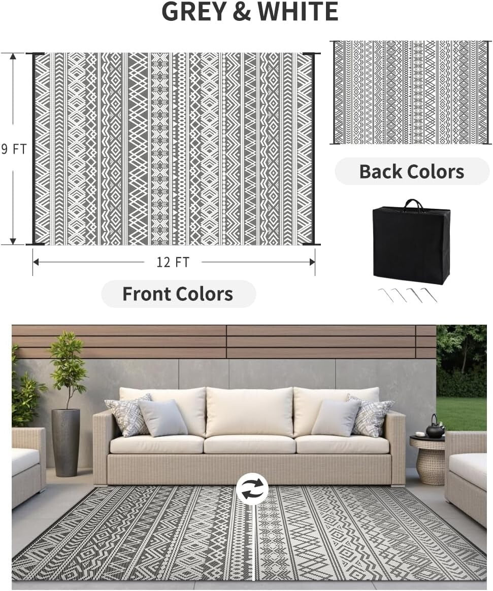 Stylish Grey Water-Resistant Outdoor Area Rug - Ideal for Patios and Balconies