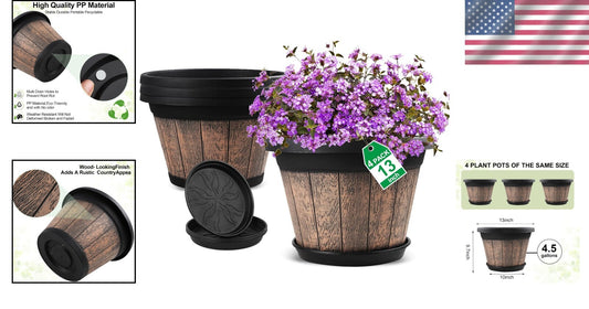 13 Inch Large Resin Plant Containers - Set of 4 with Saucers for All Plants