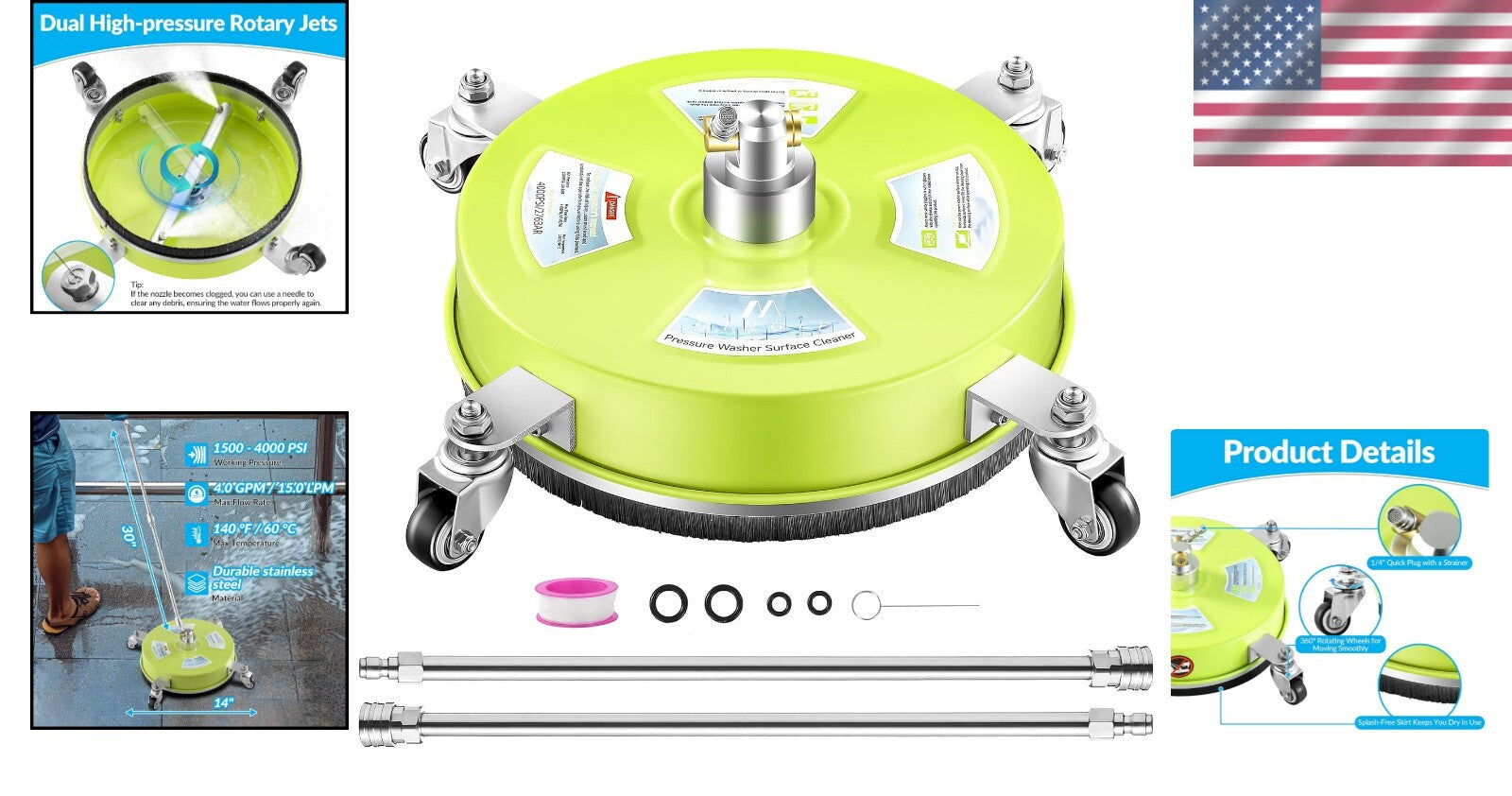 High Efficiency 14'' Surface Cleaner for Pressure Washers - 4000 PSI Compatible