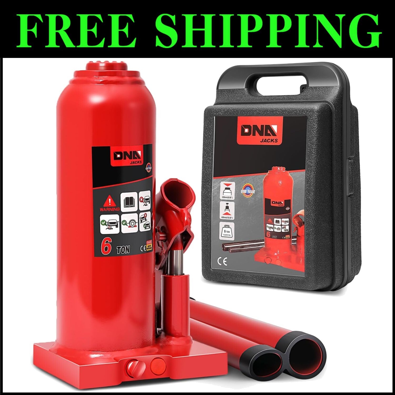 Premium 6 Ton Lifting Bottle Jack – Height Adjustable 8.6 to 17 In, Safe Design