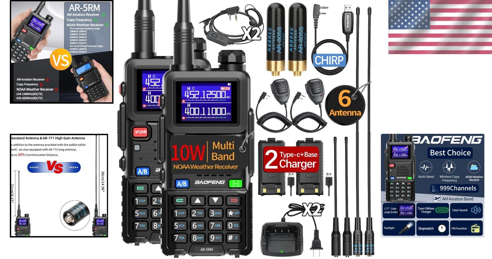 Rechargeable Ham Radio Walkie Talkies with NOAA Receiver and Speaker Mic, 2-Pack