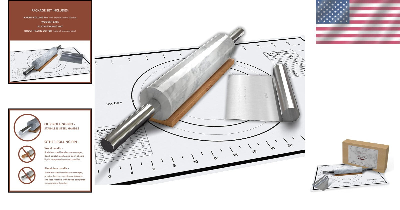 White Marble Rolling Pin Set with Stainless Steel Handles & Baking Accessories