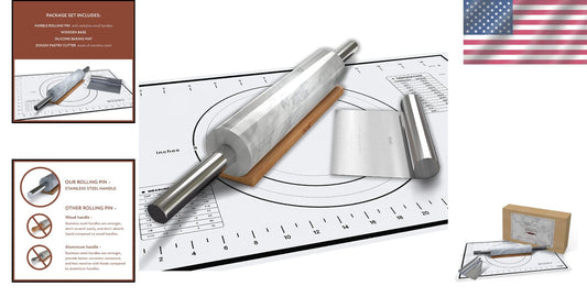 White Marble Rolling Pin Set with Stainless Steel Handles & Baking Accessories