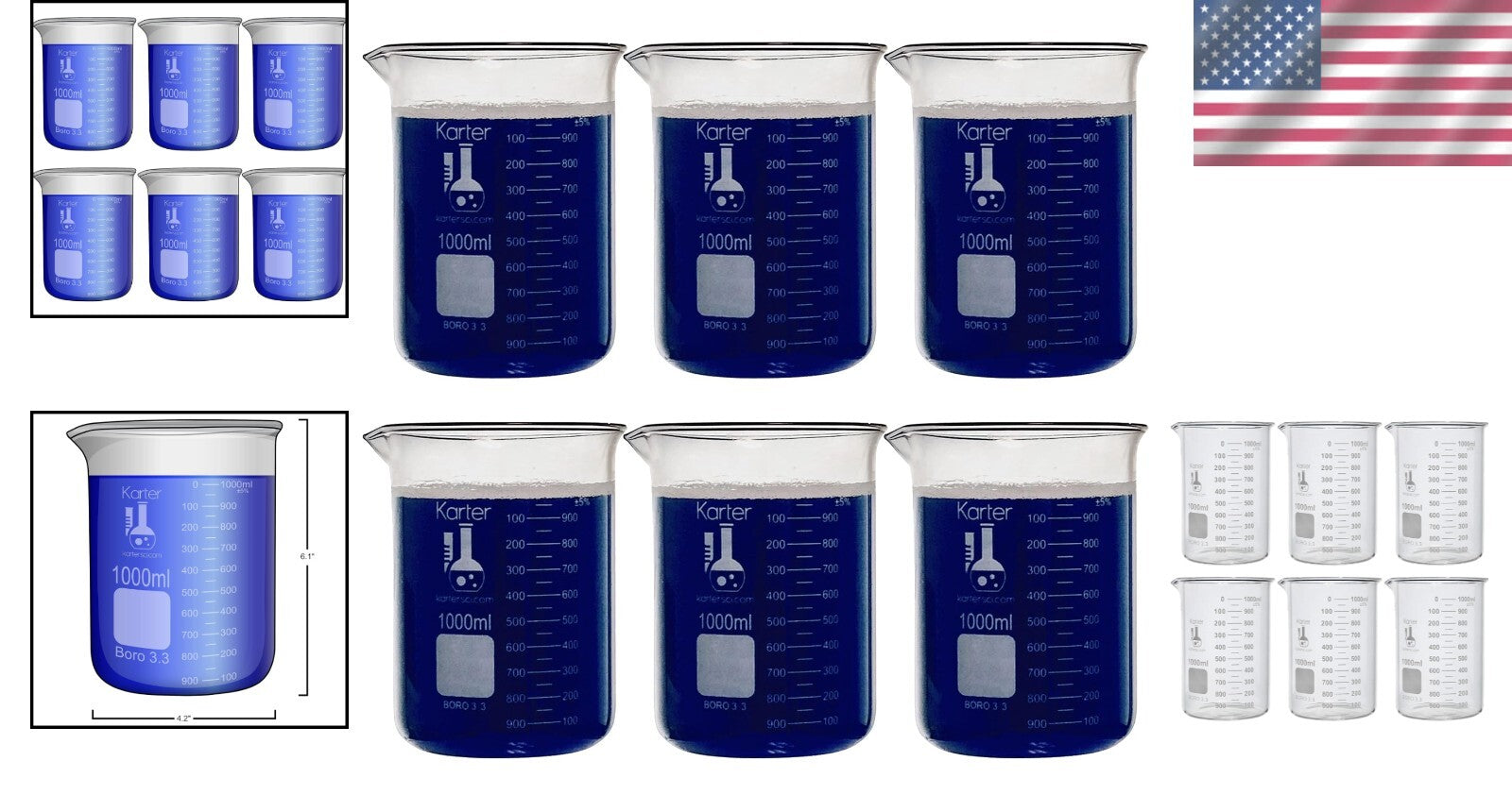 Pack of 6 Borosilicate 3.3 Graduated 1000ml Beakers for Accurate Measurements