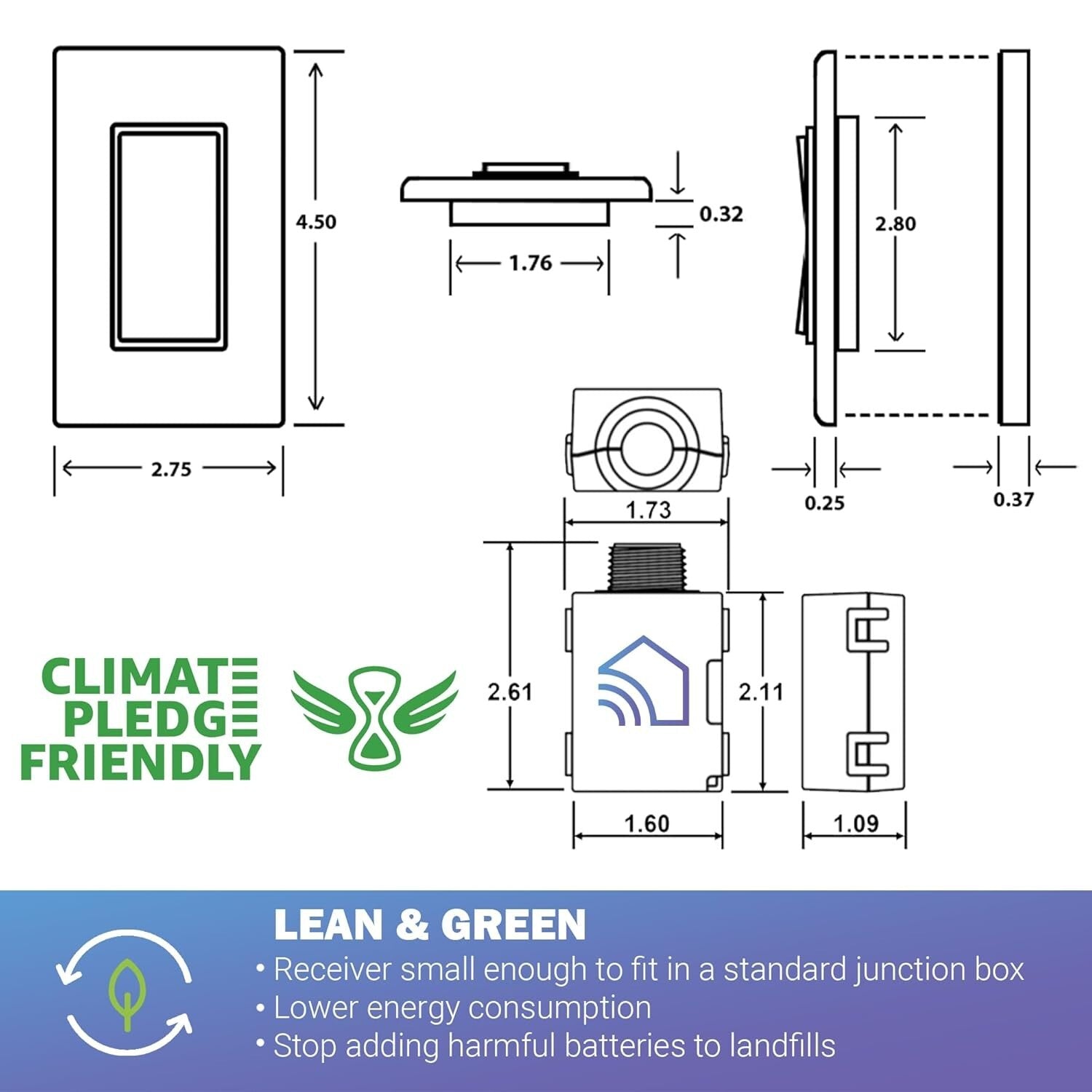 Compact DIY Wireless Light Switch Kit - 1 Receiver, 1 Rocker Switch, USA Made