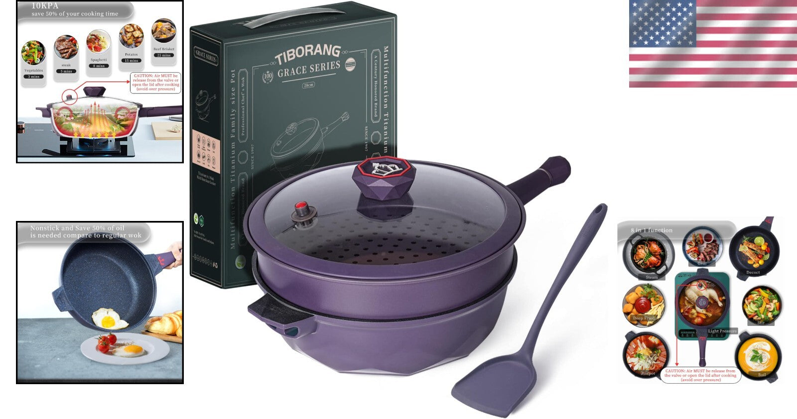 Stylish 8-in-1 5Qt Nonstick Skillet - Purple, Detachable Handle, Induction Ready