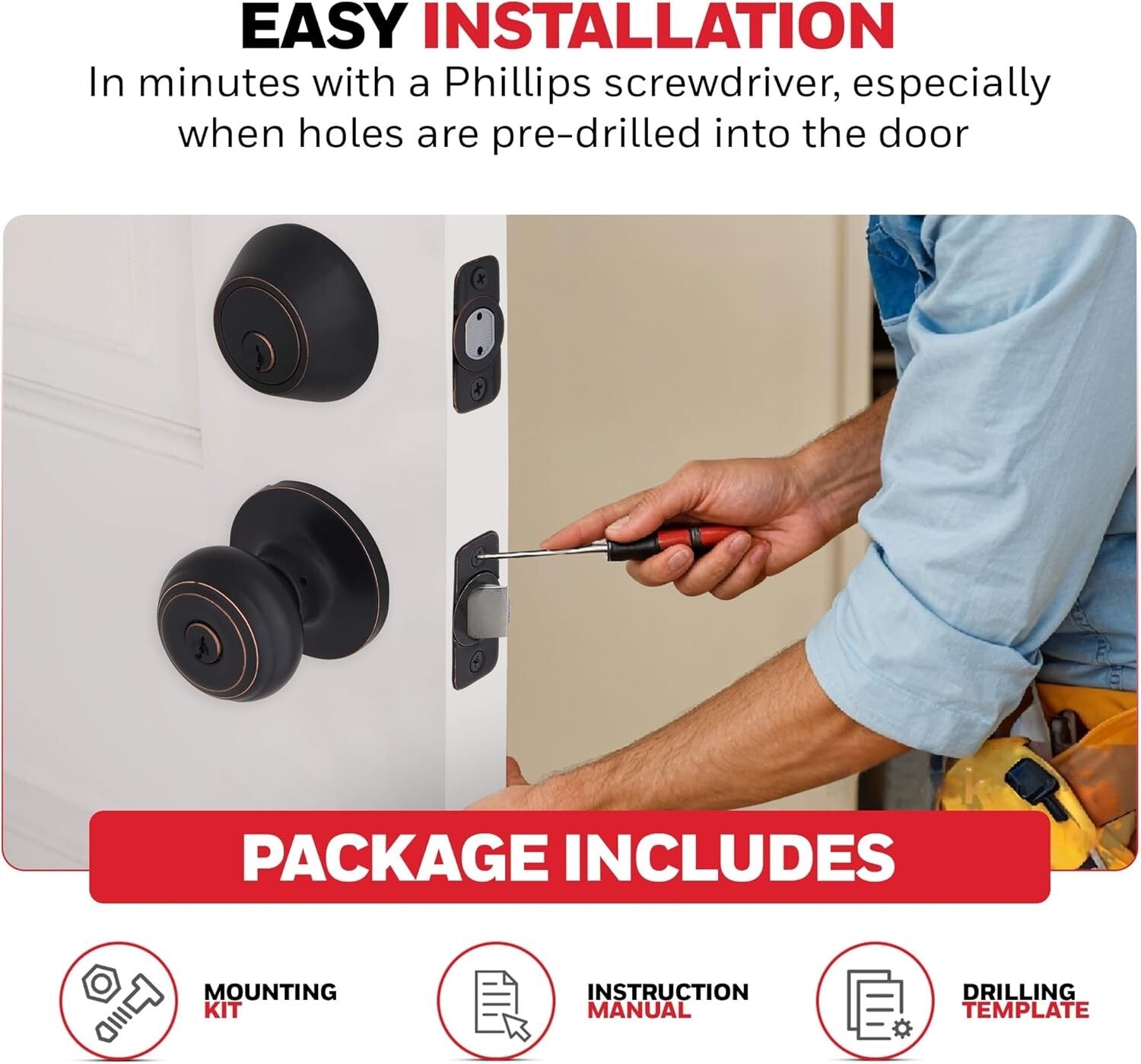 Quick Install 2 Pack Entry Door Knob with Deadbolt - Strong Security Grade-3
