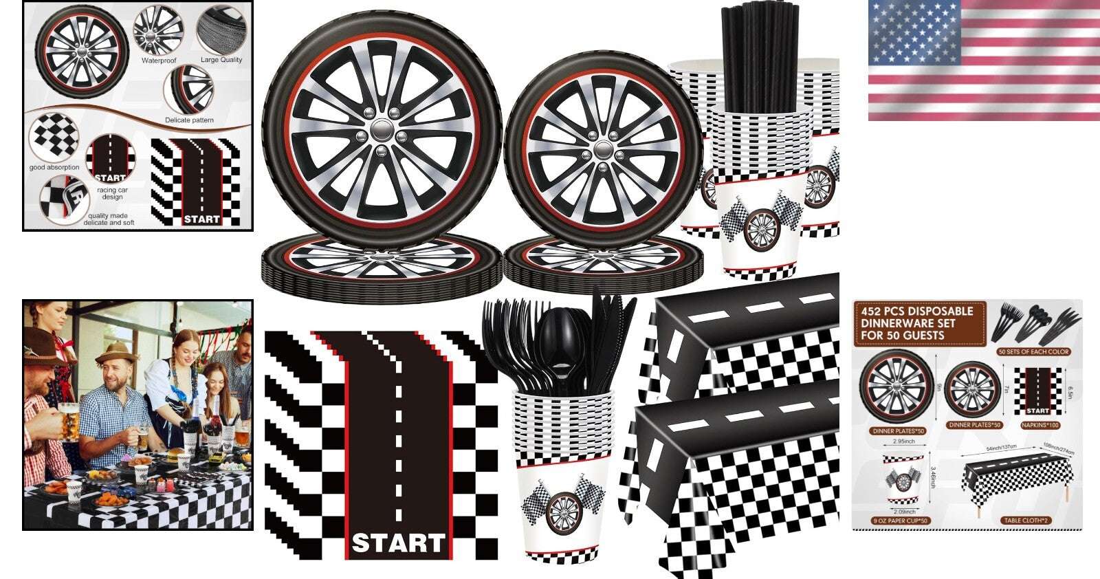 Stylish Race Car Birthday Decorations - Disposable Plates, Cups, and Cutlery Set