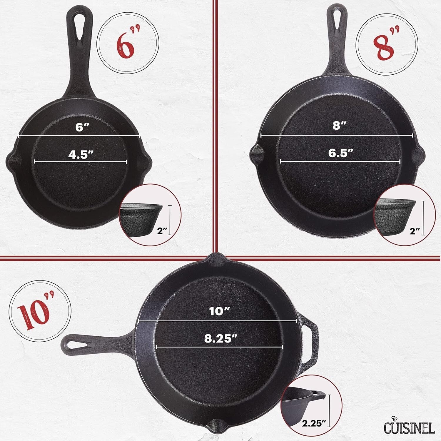 Induction Compatible 3-Piece Skillet Set - Cast Iron with Silicone Handles