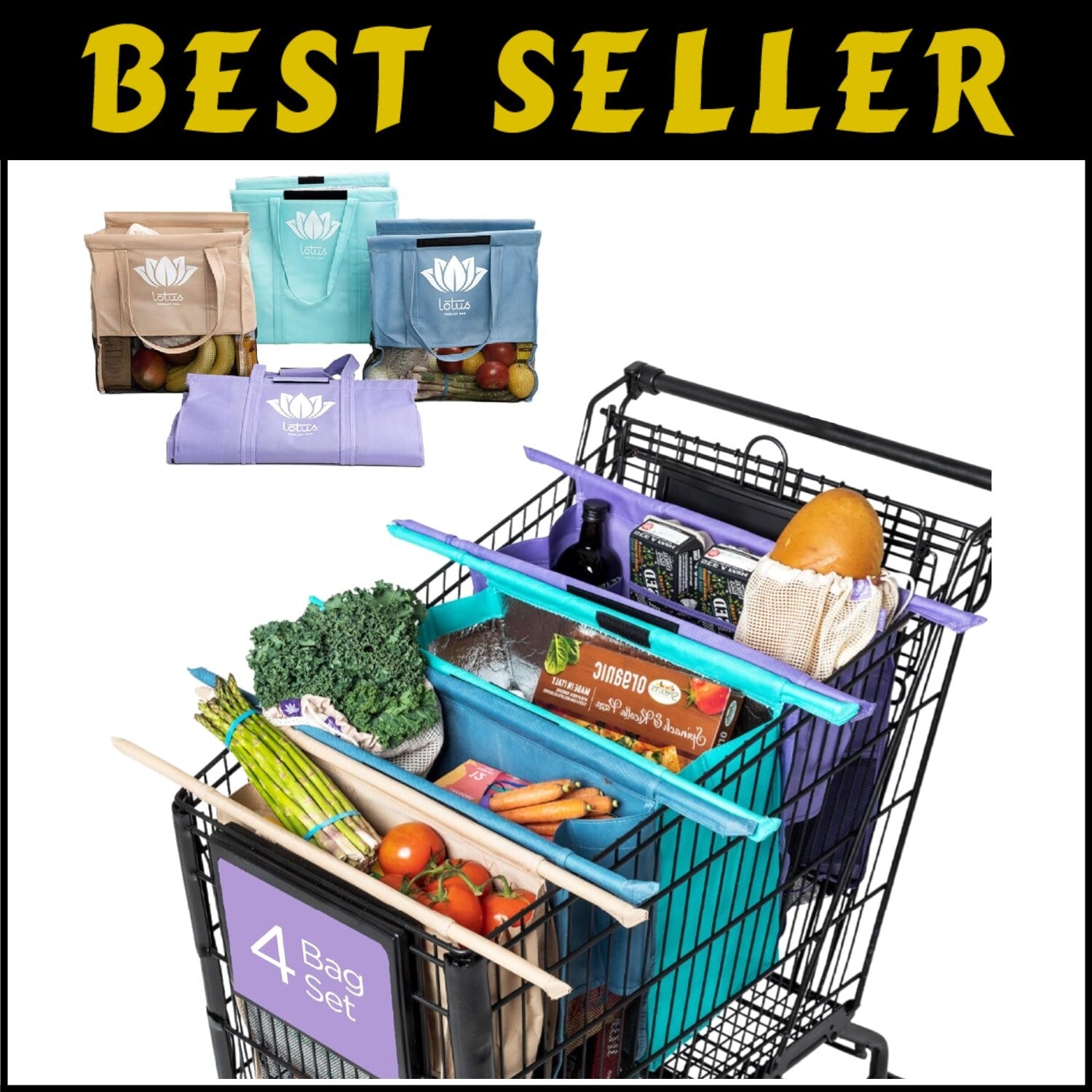 Set of 4 Vibrant Insulated Grocery Bags with Egg & Wine Holder - Eco-Friendly